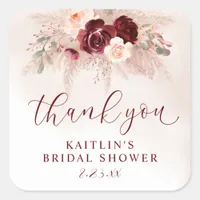 Boho Pampas Wedding Bridal Shower Burgundy Roses Square Sticker