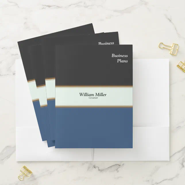 Modern Minimalist Black Blue Stripes Pocket Folder