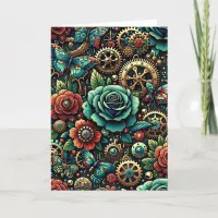 Beautiful Steampunk Themed Gears and Roses Blank Card