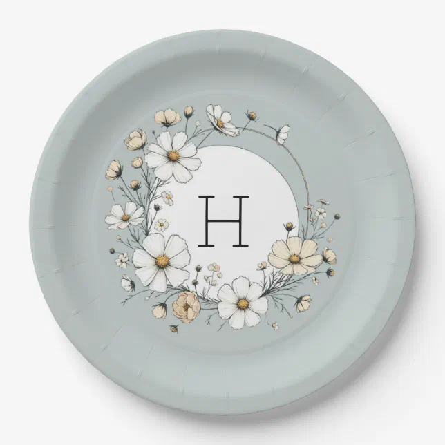 Sage Green Monogram Boho Flowers Personalized  Paper Plates