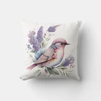 Bird with Lavender White Throw Pillow