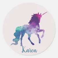 Personalized Pink Blue and Purple Unicorn Classic Round Sticker