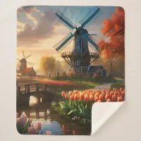 Windmill in Dutch Countryside by River with Tulips Sherpa Blanket