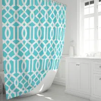 Turquoise and White Moroccan Trellis Pattern Shower Curtain