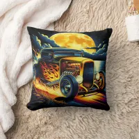 A classic hot rod cruising under a full moon throw pillow