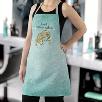 Beauty Salon Name Aqua Blue + Gold Glitter Staff Apron