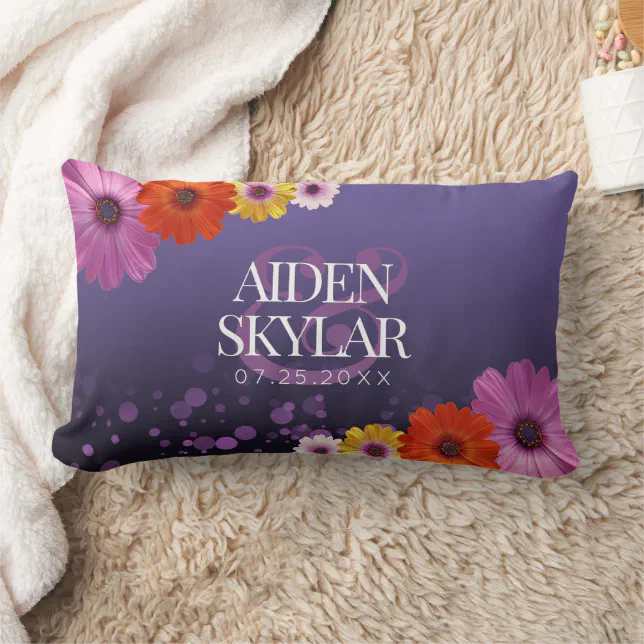 Elegant Daisies with Purple Glitter Newlyweds Lumbar Pillow