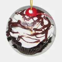 Chocolate Cupcake with Cherry Christmas Ceramic Ornament