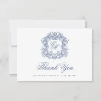 Blue Elegant Monogram Crest Vintage Wedding  Thank You Card