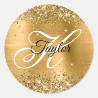 Glittery Gold Metallic Fancy Monogram Classic Round Sticker