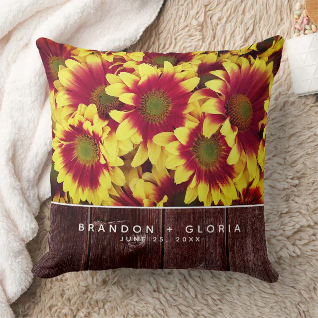Rustic Autumn Sunflowers on Fence Wedding Throw Pillow