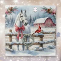 White Christmas Horse and Cardinal Farming Jigsaw Puzzle