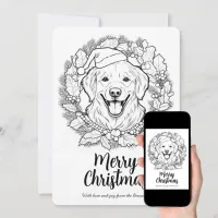 Cute Golden Retriever in Christmas Wreath Coloring Holiday Card