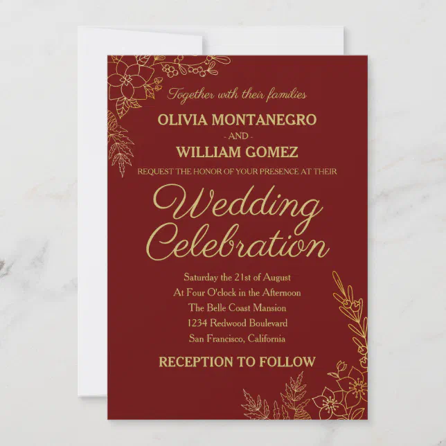 Lacy Gold Auburn Brown Simple Elegant Wedding Invitation