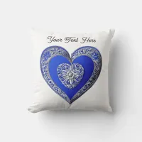 Ornate Blue Love Heart Romantic Custom Text Throw Pillow