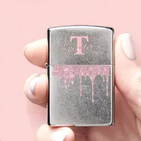 Dripping Metallic Rose Gold Glitter Monogram Zippo Lighter