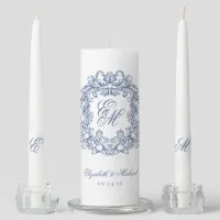 Elegant Blue Vintage Monogram Crest Wedding Unity Candle Set