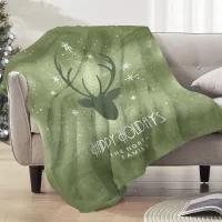 Deer Antlers Silhouette & Snowflakes Green ID861 Fleece Blanket