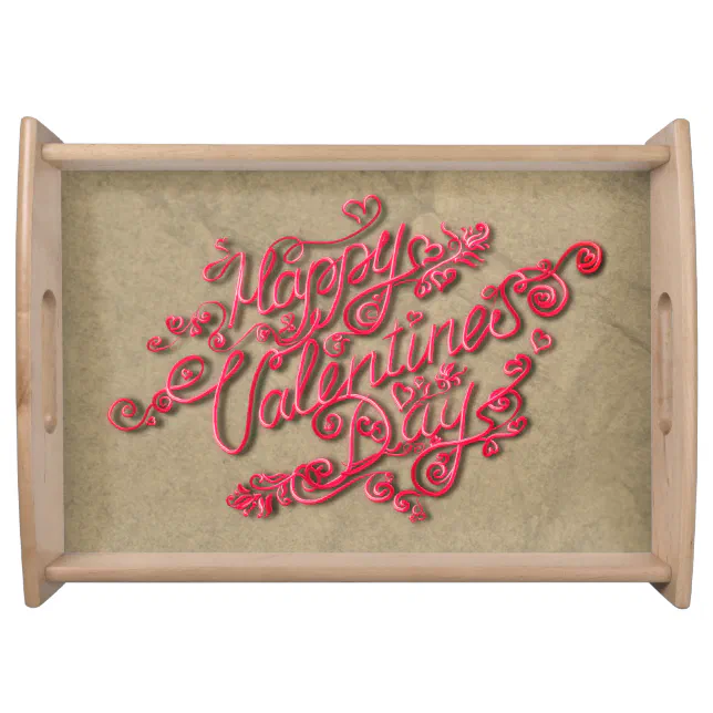 Happy Valentine’s Day sepia heart red lettering Serving Tray