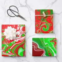 Red and Green Christmas Swirls Marble Wrapping Paper Sheets