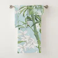 Modern Bamboo Pattern Flower Blue & Green Bath Towel Set
