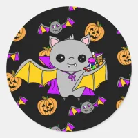 Cute Bat Holding Halloween Candy Classic Round Sticker