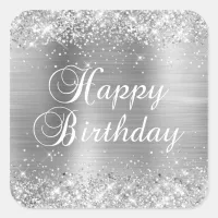 Glittery Silver Foil Happy Birthday Square Sticker