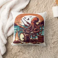 Octopus Playing Drums by the Ocean at Sunset Throw Pillow