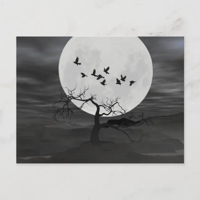 Spooky Ravens Flying Against the Full Moon Postcard