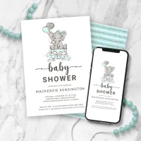 Cute Teal Silver Glitter Elephant Baby Shower Invitation