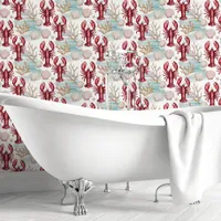 Watercolor Lobster and Seashell Coastal Wallpaper