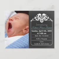 Chalkboard blue new baby boy photo announcement