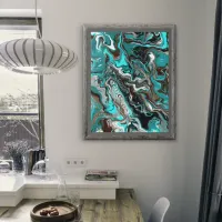Turquoise and Black Satin Fluid Art Photo Print