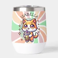 Cute Kawaii Kitten with Bubble Tea Personalized Thermal Wine Tumbler