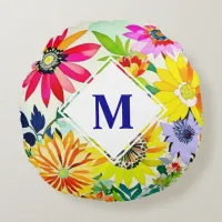 Watercolor Flowers Monogrammed  Round Pillow