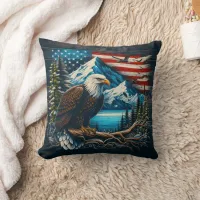 Majestic Eagle Perched With Mountains and Flag Throw Pillow