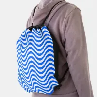 Blue & White Wavy Stripes Psychedelic Drawstring Bag