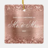 Glittery Rose Gold Foil Our First Christmas Ceramic Ornament