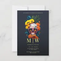 Floral Skull Monogram Halloween Wedding Invitation