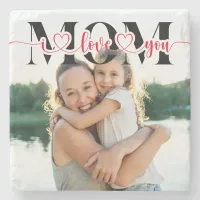 I Love You Mom Red Hearts Typography Photo Stone Coaster