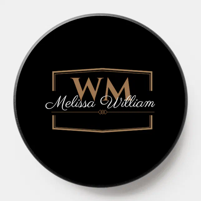 Black White Gold Monogram Name Script PopSocket