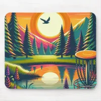 Retro Disc Golf Sunset and Trees Mouse Pad