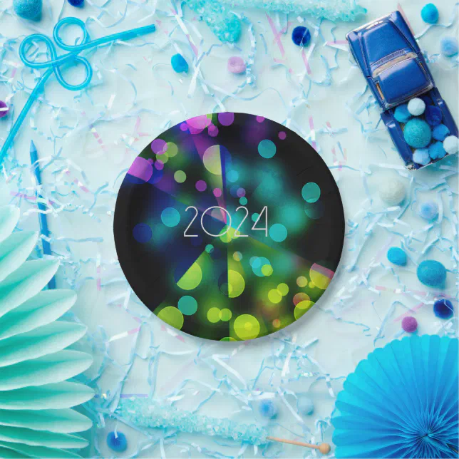 2024 new year with multicolor bubbles paper plates