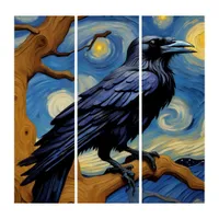 A Raven in an Old Oak Tree Starry Night Triptych