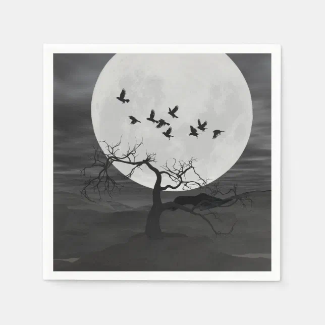 Spooky Ravens Flying Against the Full Moon Napkins