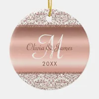 Newlywed Monogram Photo Elegant Rose Gold  Ceramic Ornament