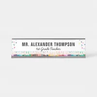 Simple White Hearts Crayon School Teacher Educator Desk Name Plate