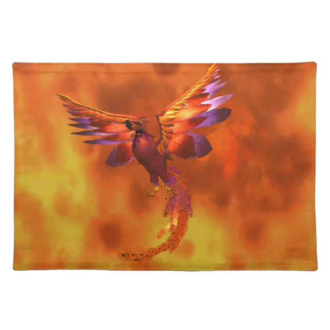 Colorful Phoenix Flying Against a Fiery Background Cloth Placemat