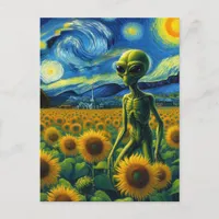 Green Scifi Alien in a Van Gogh Sunflower Field Postcard