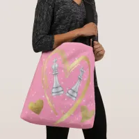 Gold Hearts King and Queen Chess Pieces on Pink | Crossbody Bag